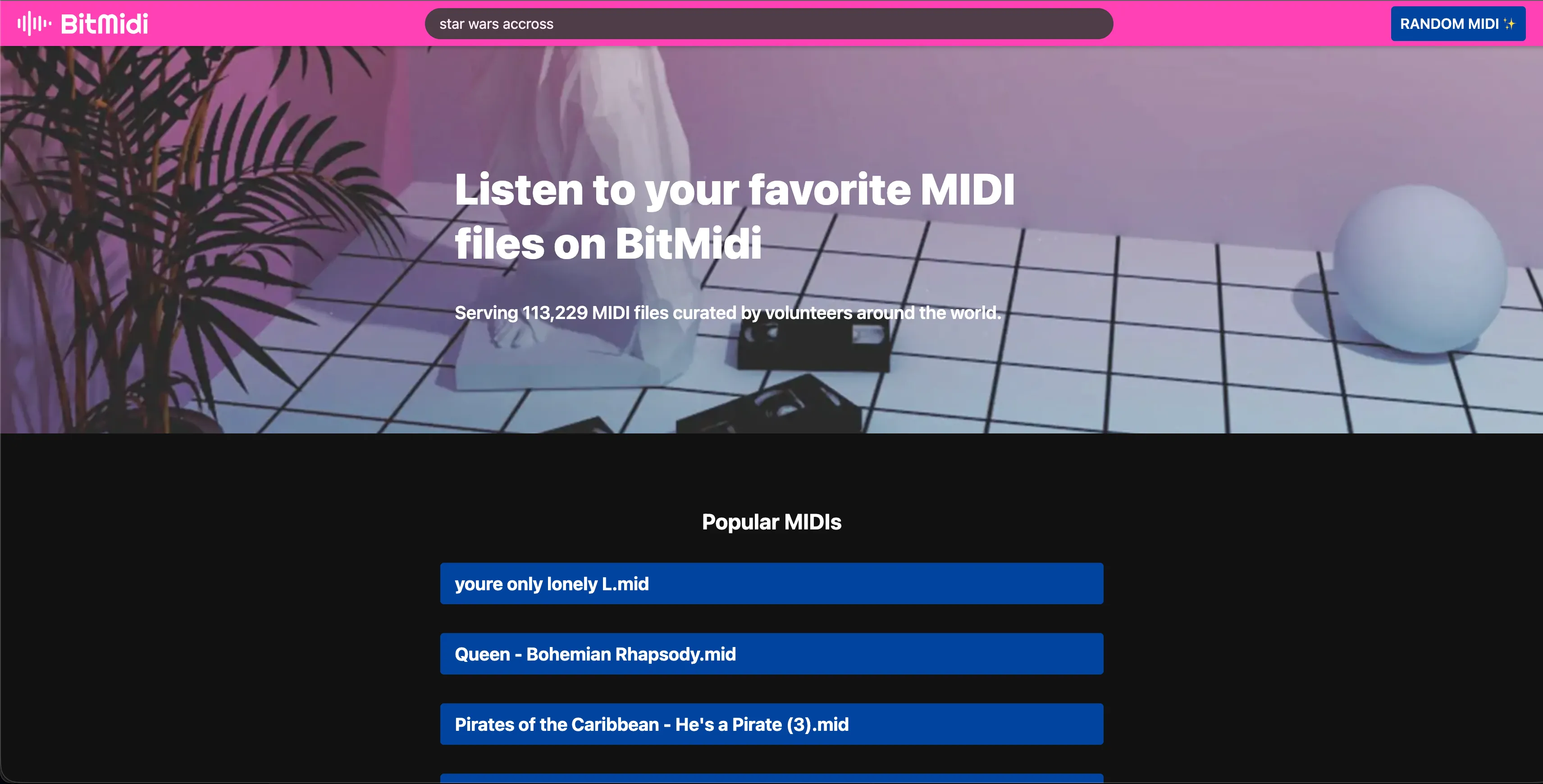 The BitMidi homepage, headed Listen to your favorite MIDI files on BitMidi and stating it serves 113,229 MIDI files curated by volunteers around the world, above a Popular MIDIs list including Queen - Bohemian Rhapsody.mid and Pirates of the Caribbean - He's a Pirate.mid