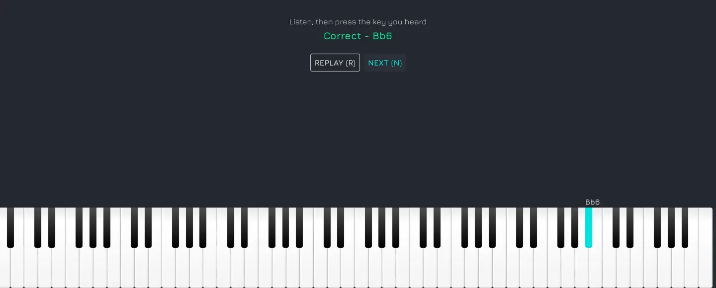 A correct answer in the Vitzik ear training exercise, with the matching piano key highlighted on the keyboard