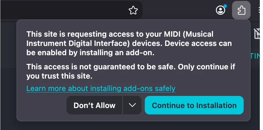 Firefox panel reading: this site is requesting access to your MIDI (Musical Instrument Digital Interface) devices, device access can be enabled by installing an add-on, with Don't Allow and Continue to Installation buttons