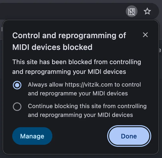 Chrome's blocked-permission panel for vitzik.com, offering to always allow or continue blocking MIDI device control