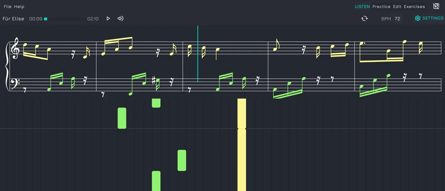Vitzik rendering the sheet music of Für Elise in real time above the falling notes, with a playhead marking the current beat