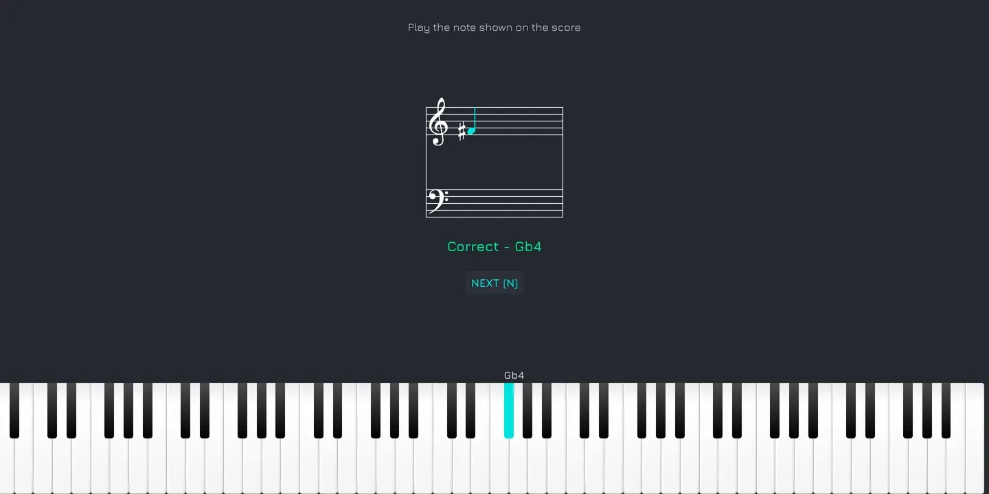 The Vitzik sight reading exercise showing a single note on the grand staff and the matching key pressed on the piano