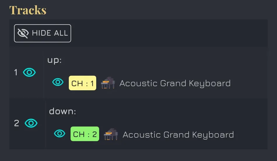 The Vitzik track list showing each MIDI track and channel with its instrument and a visibility toggle