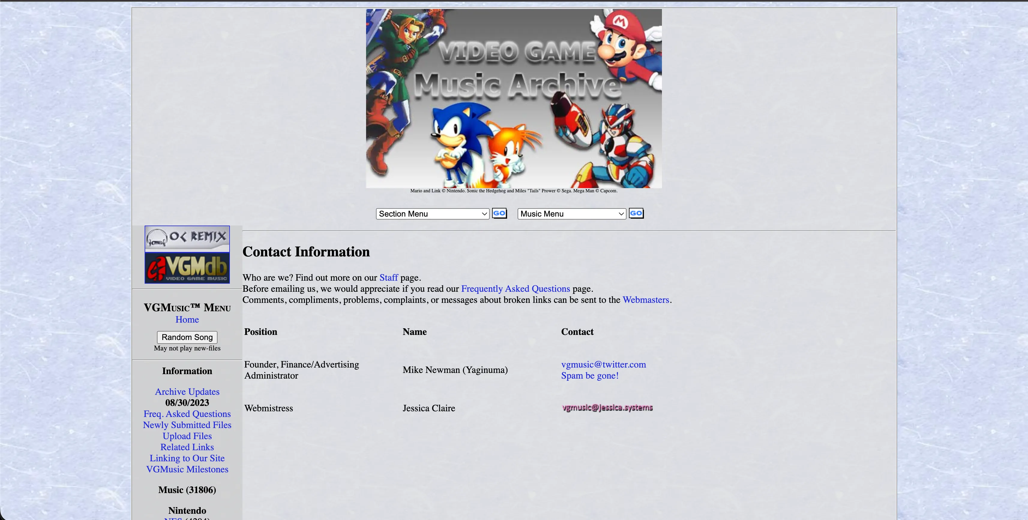 The VGMusic Video Game Music Archive, with a banner of Mario, Link, Sonic and Mega Man above a sidebar listing 31806 music files broken down by console, starting with Nintendo NES