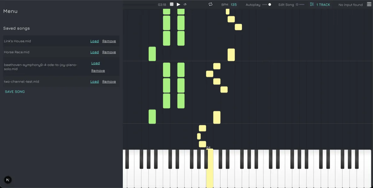Screenshot of the Vitzik panel for saving and resuming a piano song